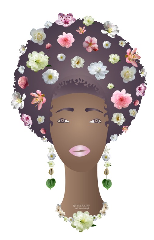 dark lady in springtime with blossom in her afrohair