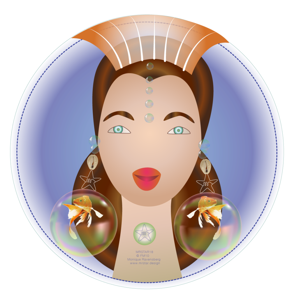 Illustration of the full moon with the face of a woman and bubble earrings with a goldfish each side
